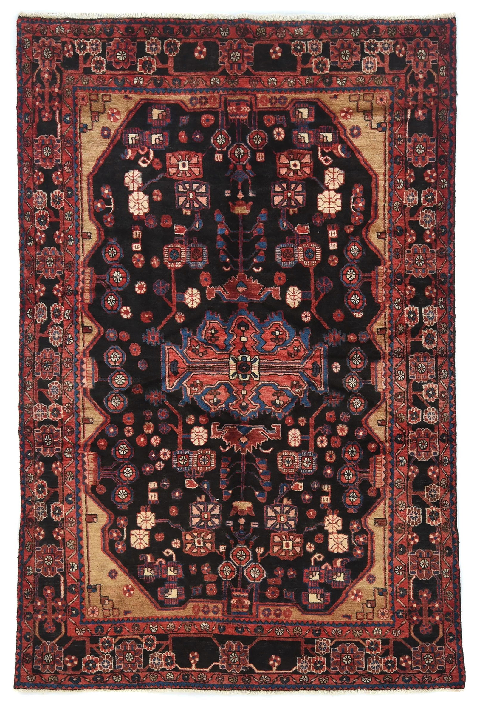 Vintage Tribal Plum 5X8 Nahavand Persian Rug: Title:Vintage Tribal Plum 5X8 Nahavand Persian RugDescription:Hand-knotted in Persia with skilled tribal craftsmanshipVintage rug, 4050 years old, featuring bold floral motifsRich palette of plum,