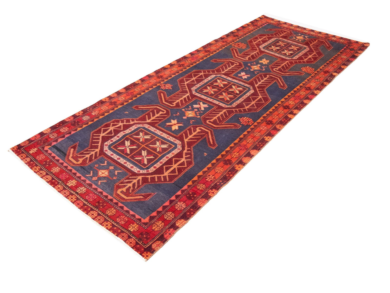 Semi Antique Red Tribal Geometric 4X10 Meshkin Persian Runner Rug - 4
