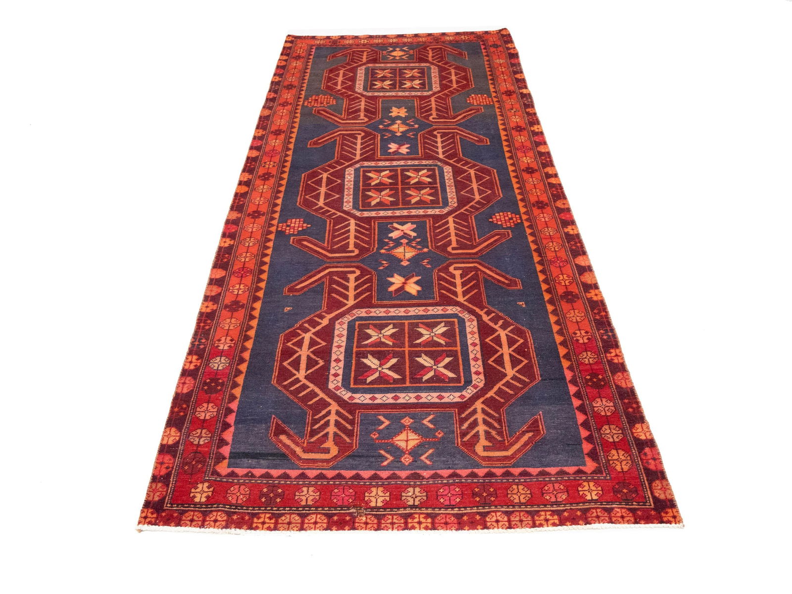 Semi Antique Red Tribal Geometric 4X10 Meshkin Persian Runner Rug - 5