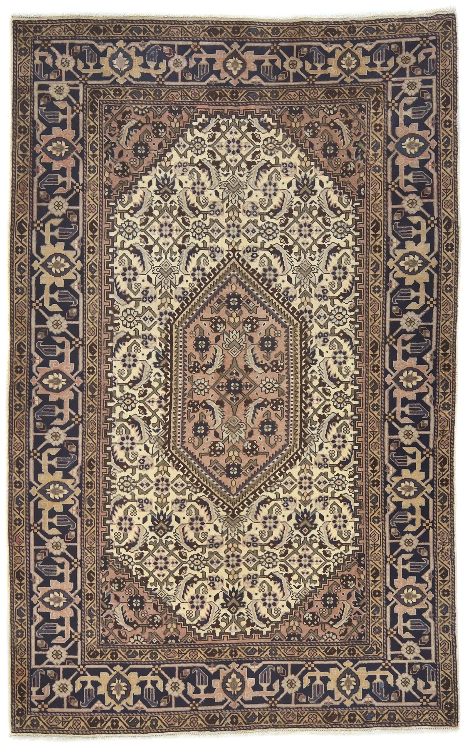 Vintage Cream Tribal Geometric 5X7 Tabriz Persian Rug: Title:Vintage Cream Tribal Geometric 5X7 Tabriz Persian RugDescription:Hand-knotted in Persia with traditional craftsmanshipTribal style rug featuring geometric designCream, purple-navy, dark brown,