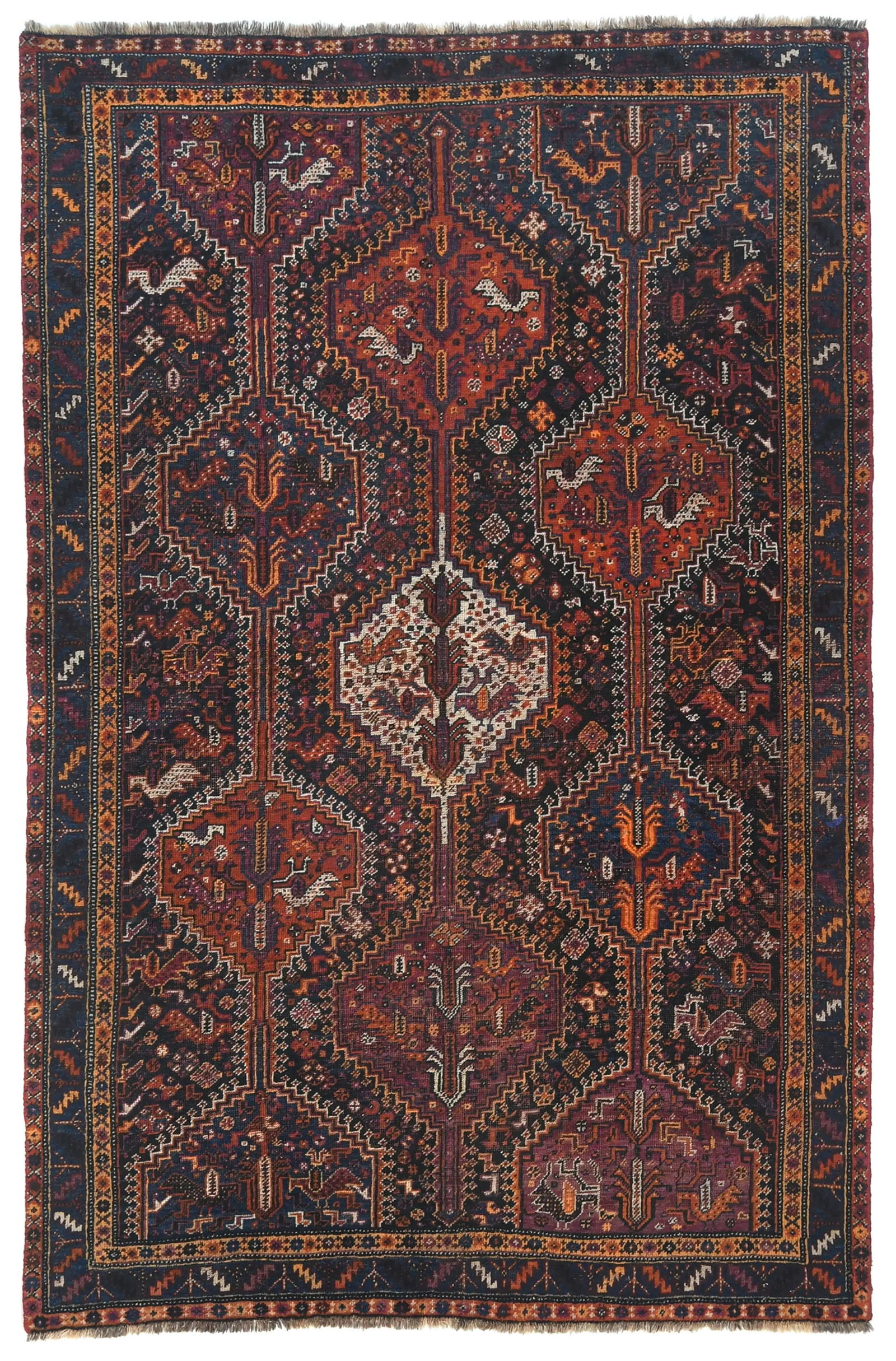 Semi Antique Charcoal Tribal 5X8 Shiraz Persian Rug: Title:Semi Antique Charcoal Tribal 5X8 Shiraz Persian RugDescription:Handmade vintage 5X8 charcoal Persian rug made with vegetable dyes (fine wool pile and cotton foundation), exceptional knot count,