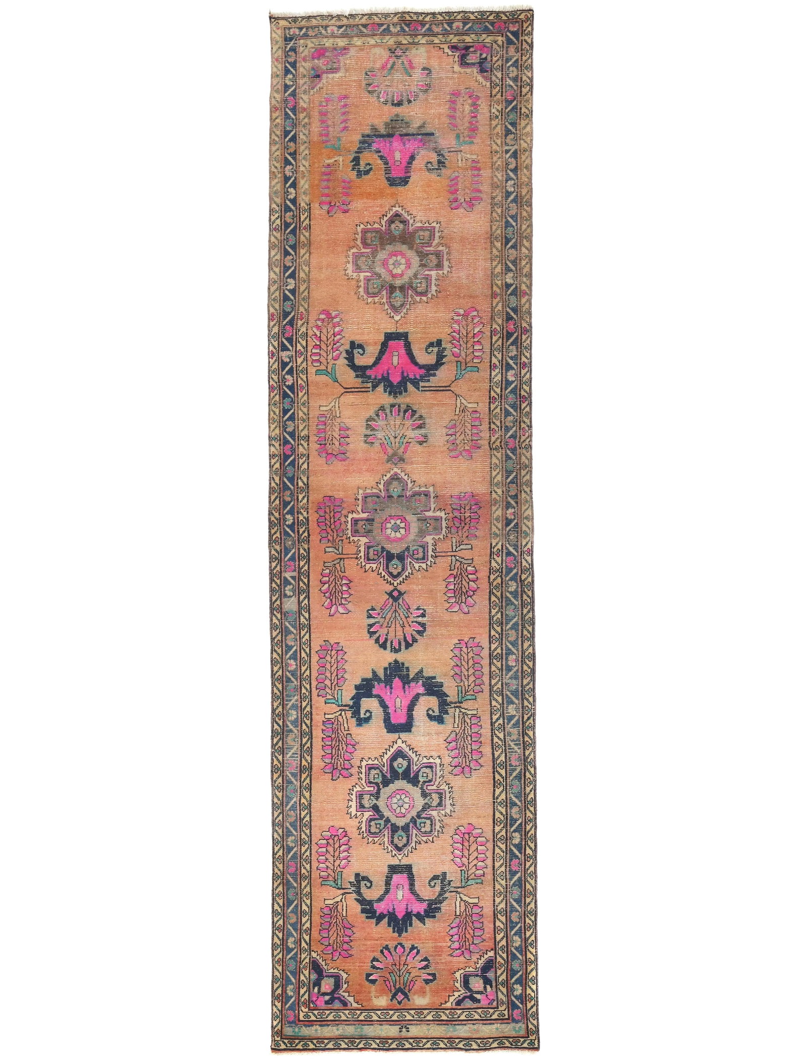 Vintage Muted Salmon Tribal 3'6X14'8 Meshkin Persian Runner Rug: Title:Vintage Muted Salmon Tribal 3'6X14'8 Meshkin Persian Runner Rug Description:Hand Knotted vintage 3'6X14'8 Muted Salmon Persian rug made with natural dyes (fine wool pile and cotton foundation),