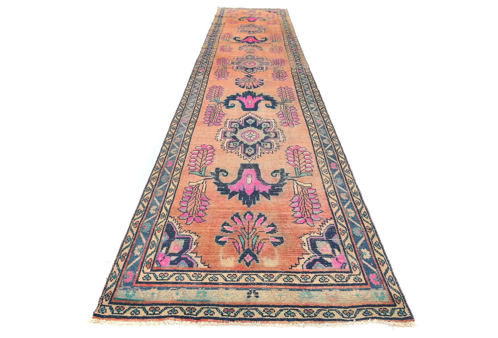 Vintage Muted Salmon Tribal 3'6X14'8 Meshkin Persian Runner Rug - 2