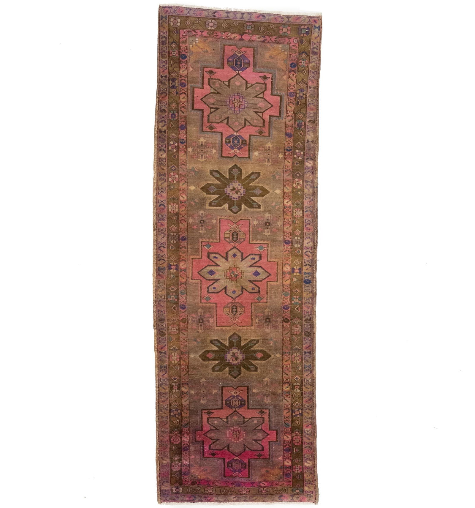 Semi Antique Muted Colors Geometric 3'8 X 10'11 Meshkin Persian Rug: Title:Semi Antique Muted Colors Geometric 3'8 X 10'11 Meshkin Persian RugDescription:Semi-antique Persian runner, hand-knotted on a sturdy cotton foundationTribal style with a bold geometric pattern,