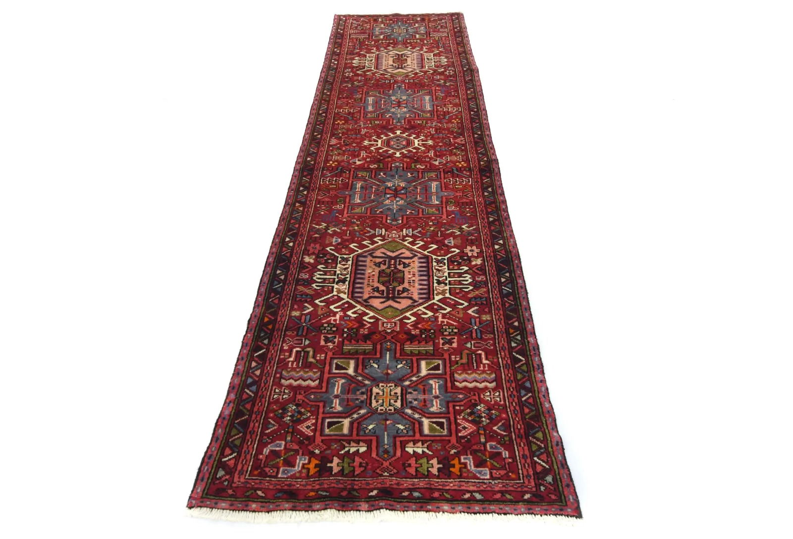 Vintage Red Geometric 2'8X10'3 Karajeh Persian Runner Rug - 2