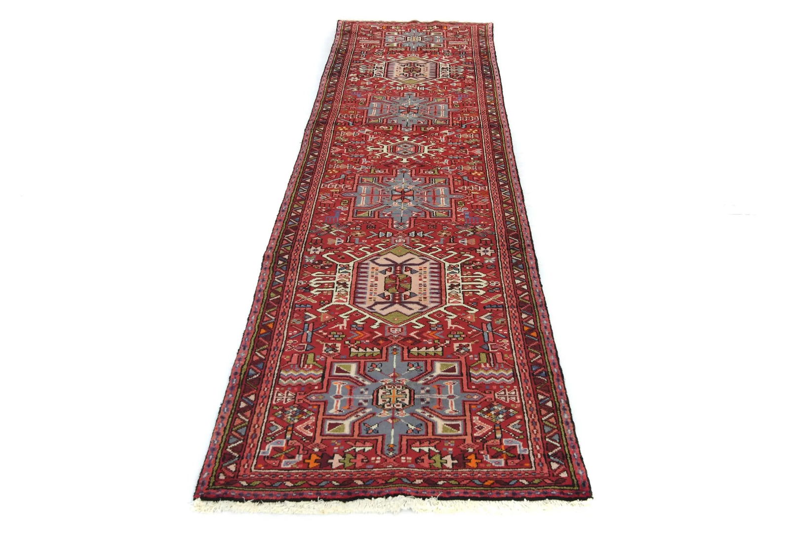 Vintage Red Geometric 2'8X10'3 Karajeh Persian Runner Rug - 9