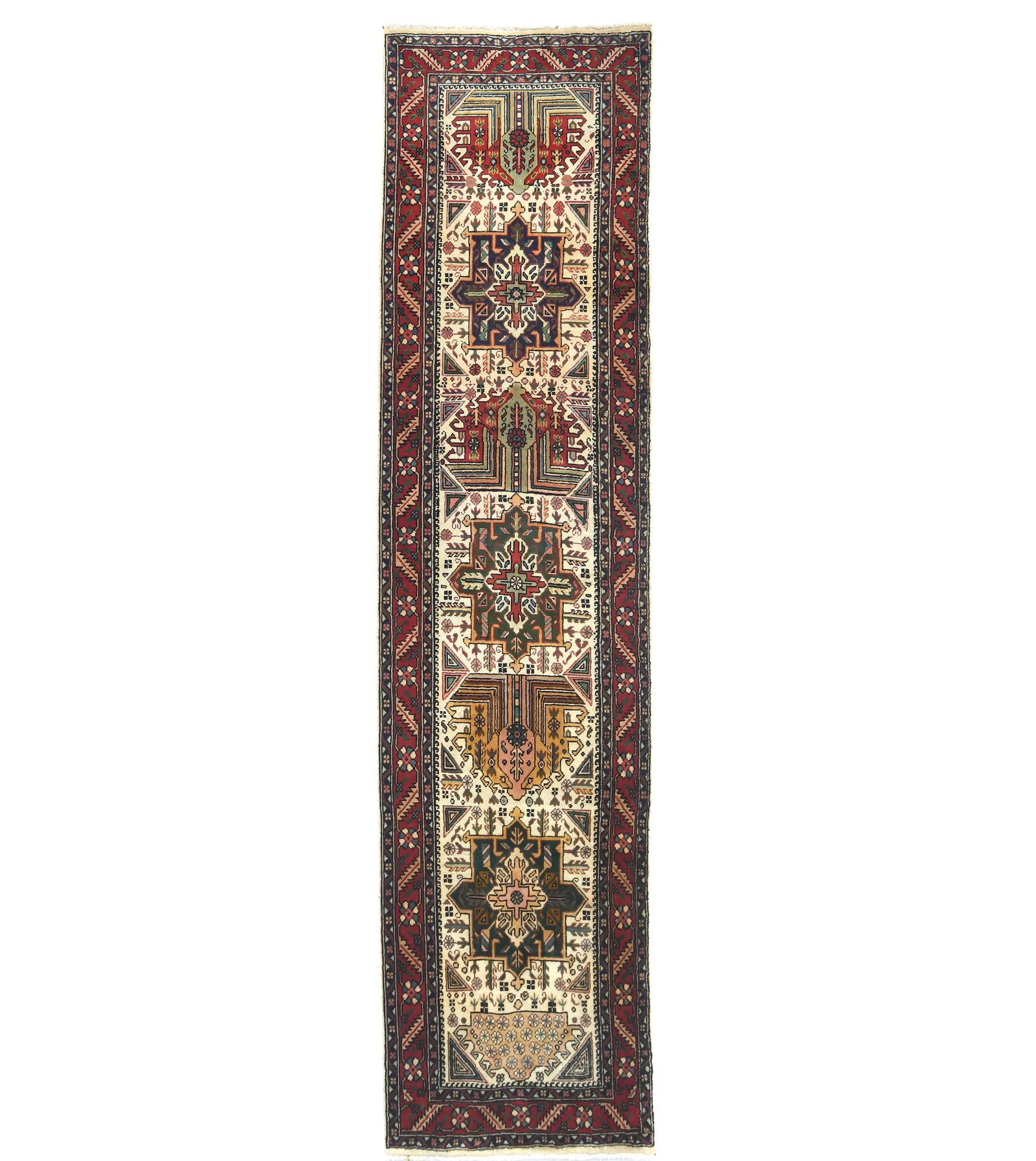 Vintage Cream Floral 3X12 Tabriz Persian Runner Rug: Title:Vintage Cream Floral 3X12 Tabriz Persian Runner Rug Description:Handmade vintage 3X12 cream Persian runner made with vegetable dyes (fine wool pile and cotton foundation), superior knot count, a