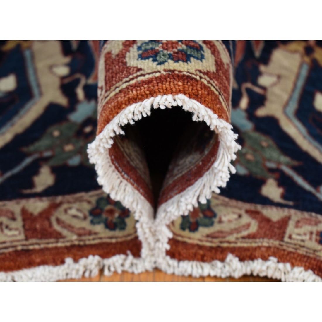 Barn Red, Antiqued Heriz Re-creation, Pure Wool Hand Knotted Rug - 6