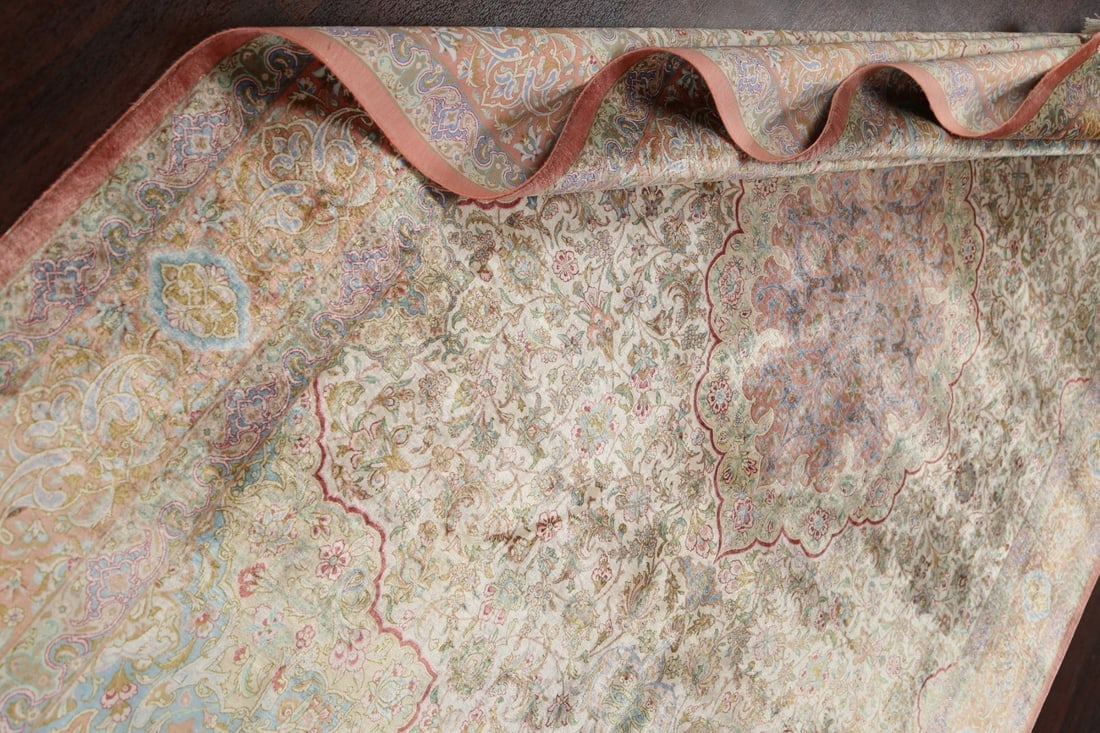 100% Silk Antique Floral Qum Persian Area Rug 6x10 - 17