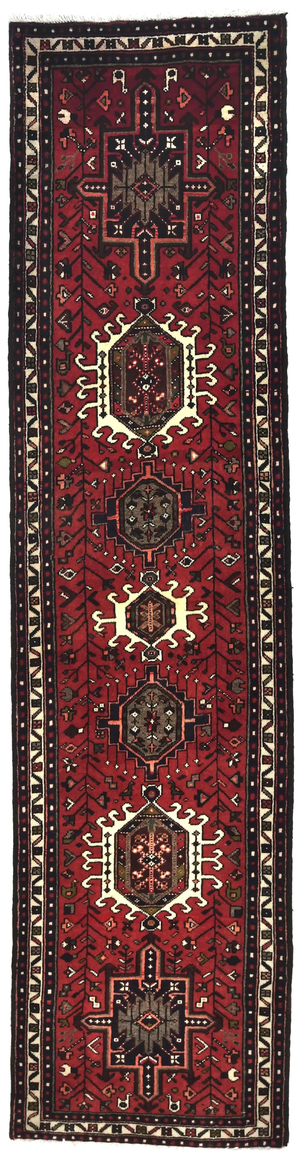 Vintage Red Geometric 2X8 Karajeh Persian Runner Rug: Title:Vintage Red Geometric 2X8 Karajeh Persian Runner Rug Description:Hand Knotted 2X8 red Persian runner made with vegetable dyes (fine wool pile and cotton foundation), exceptional knot count, and