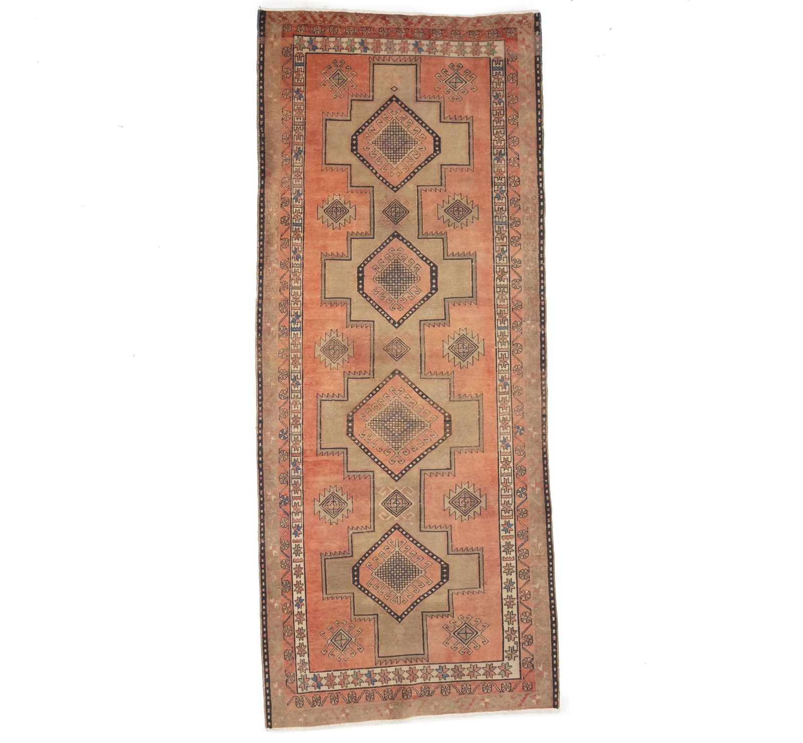 Semi Antique Muted Colors Tribal 4X11 Meshkin Persian Runner Rug: Title:Semi Antique Muted Colors Tribal 4X11 Meshkin Persian Runner RugDescription:Semi-antique Persian hallway runner, hand-knotted by artisansTribal geometric design with vintage character and