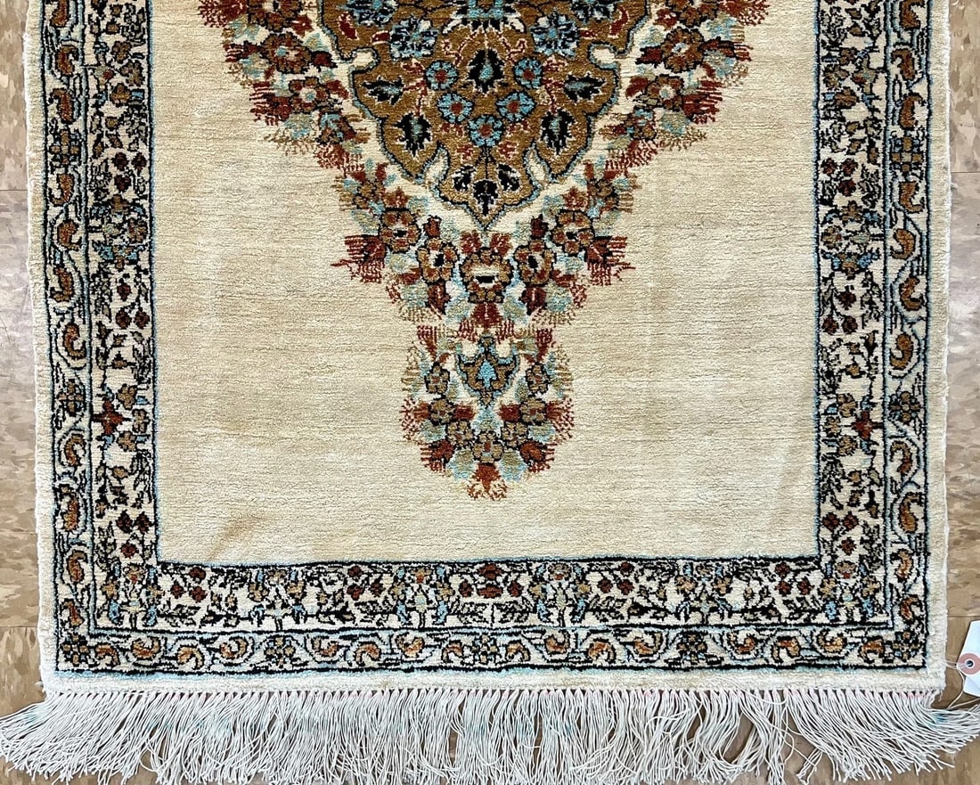 Hand-Knotted Persian Qum 100% Silk Ivory Fine Semi-Antique 1970s Oriental Rug 2'1" x 3' - 2