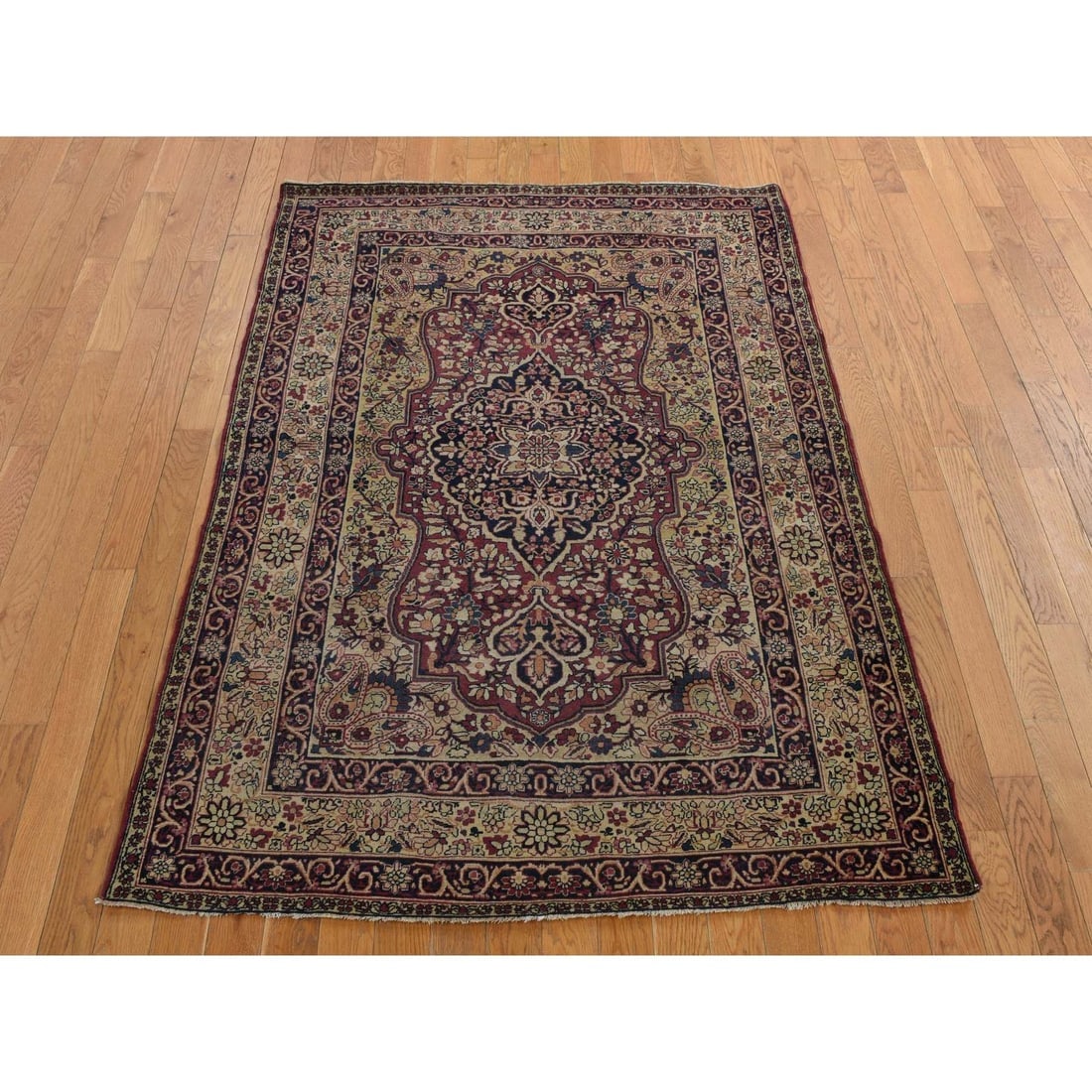Beige Antique Kermanshah Classic Medallion Wool Hand Knotted Rug - 2