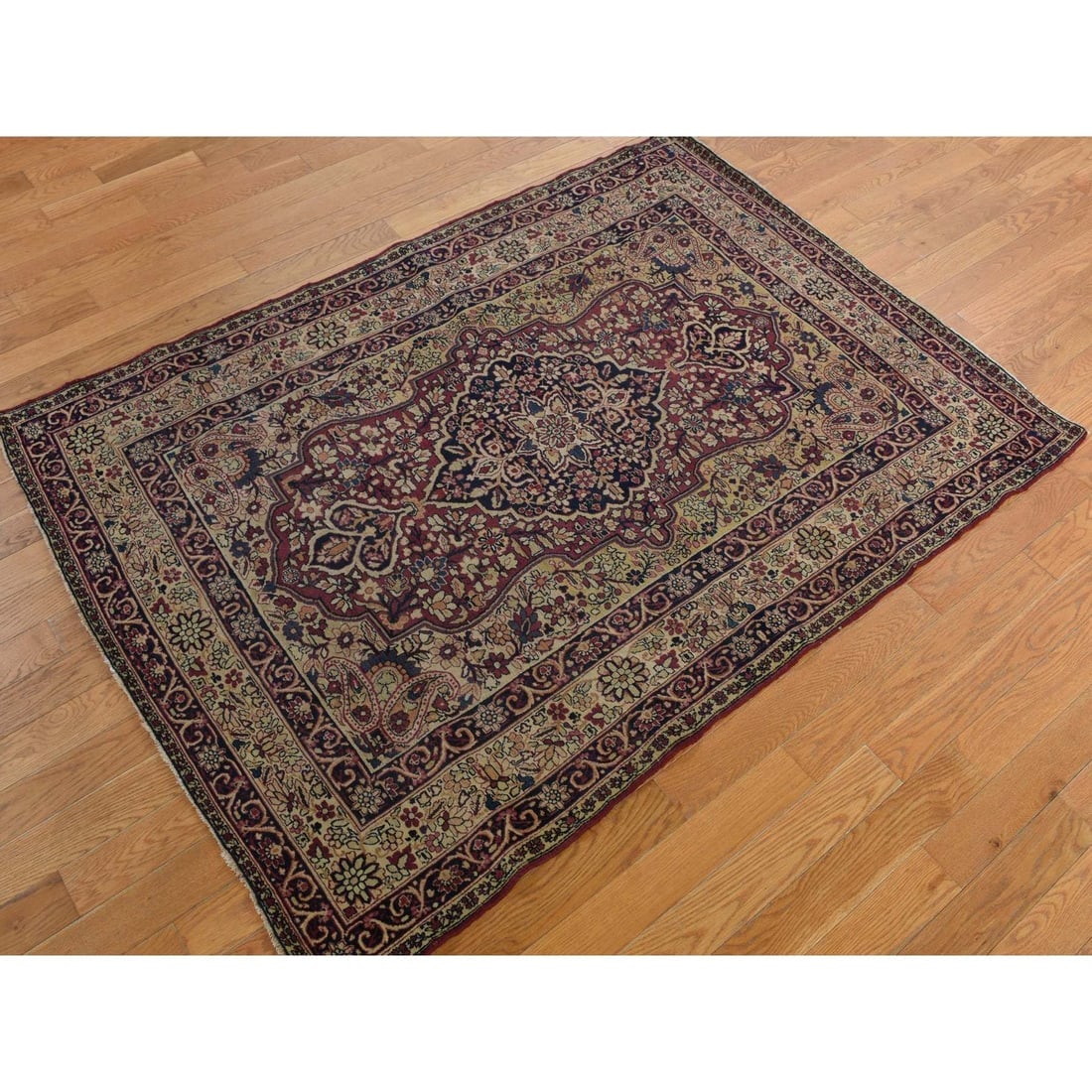 Beige Antique Kermanshah Classic Medallion Wool Hand Knotted Rug - 3