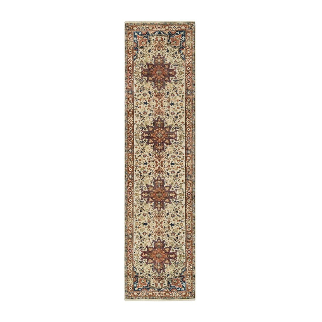 Beige Antiqued Heriz Re-Creation Soft Wool Hand Knotted Runner Rug (1 of 8)