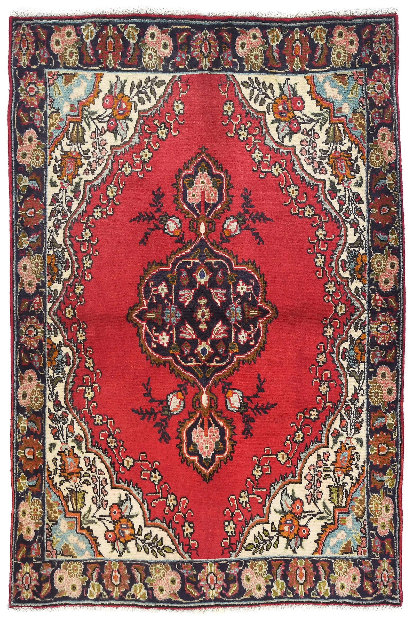 Vintage Red Floral Traditional 3'7X5 Tabriz Persian Rug: Title:Vintage Red Floral Traditional 3'7X5 Tabriz Persian Rug Description:Handmade vintage 3'7X5 red Persian rug made with vegetable dyes (fine wool pile and cotton foundation), superior knot count, a