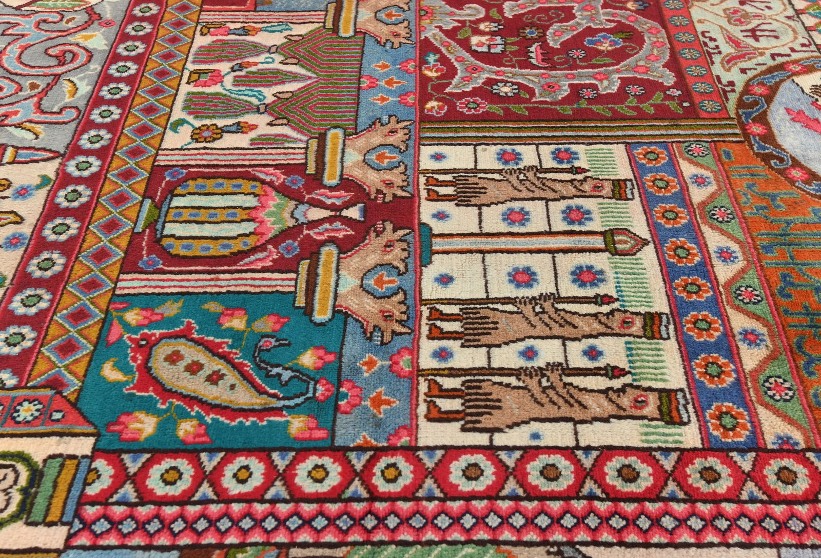 Semi Antique Multicolored Pictorial 9'5X12'6 Kashmar Persian Rug - 6