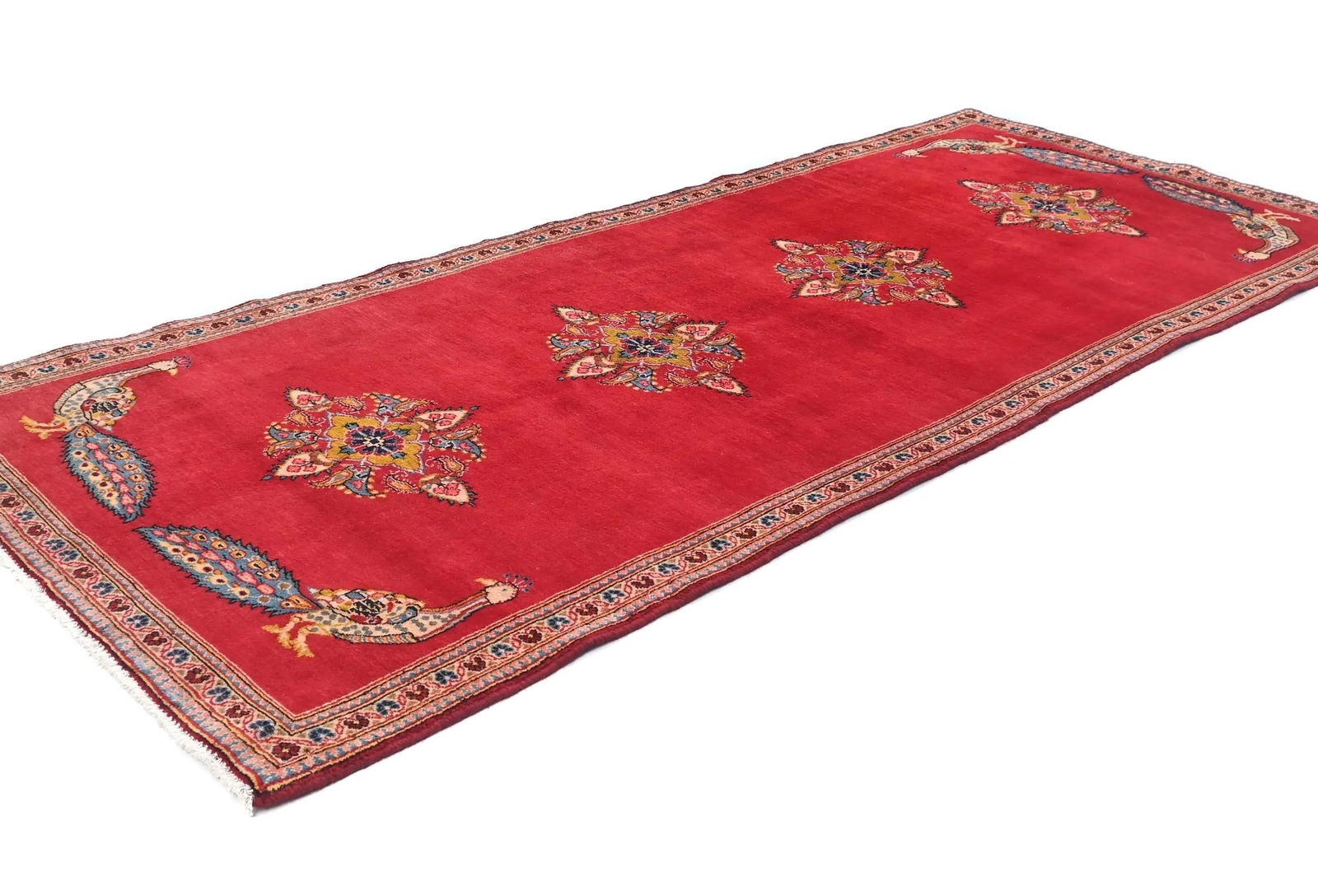 Vintage Red Pictorial Floral 3'8X8'6 Kashan Persian Rug - 3