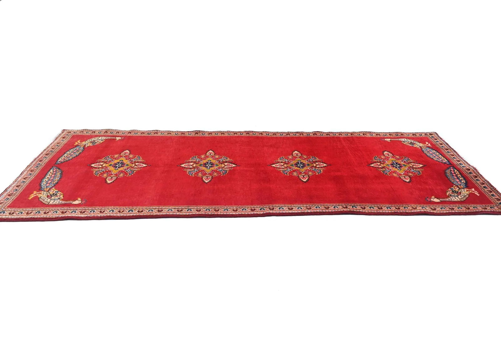 Vintage Red Pictorial Floral 3'8X8'6 Kashan Persian Rug - 4