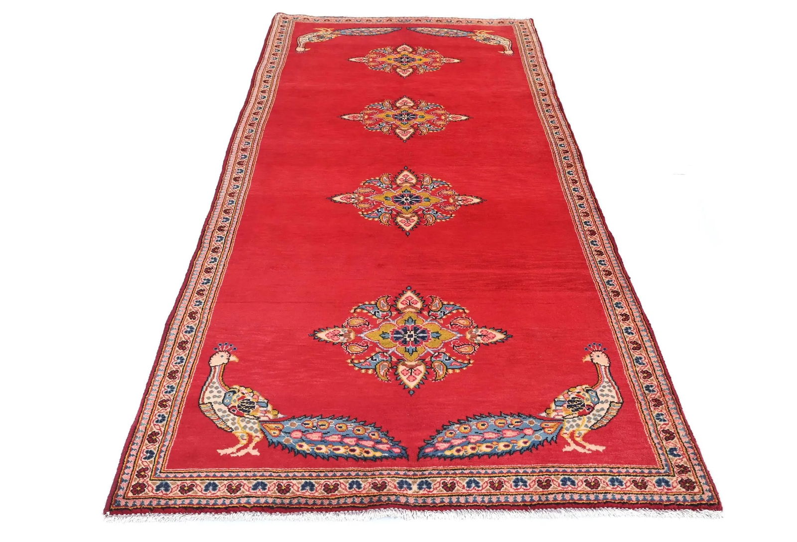 Vintage Red Pictorial Floral 3'8X8'6 Kashan Persian Rug - 9