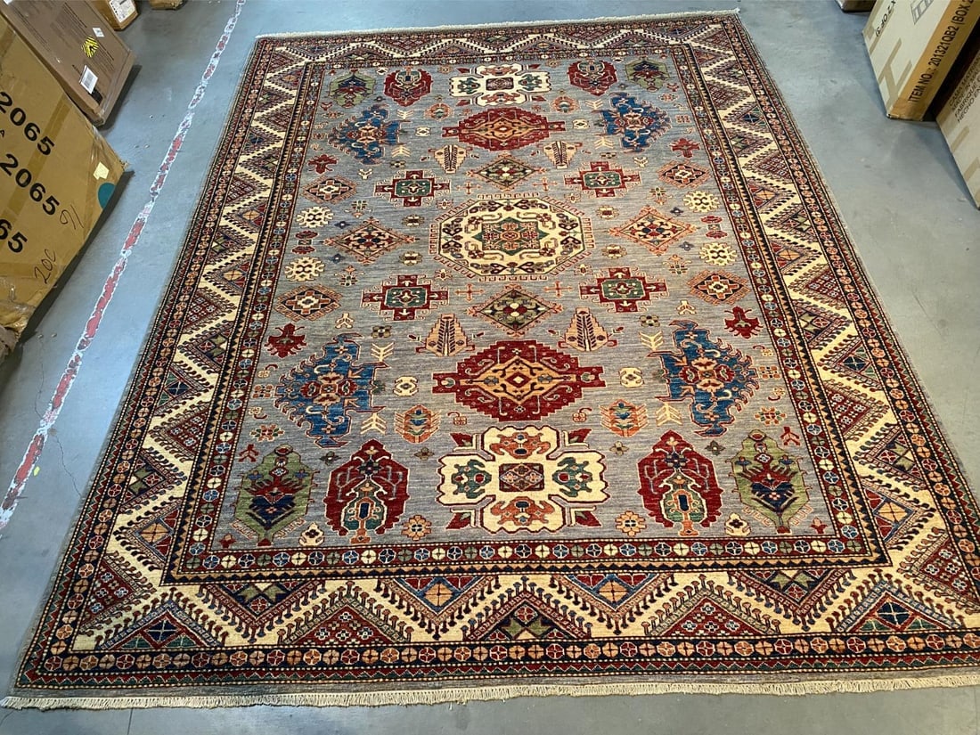 FINE SUPER KAZAK RUG 8'.1"x10'.5": Title:FINE SUPER KAZAK RUG 8'.1"x10'.5"Description:8'.1"x10'.5" Super quality Unique design Kazak Rug, hand spun and hand knotted rug in Pakistan 100% Vegge Dye natural wool Pile , in Light Blue and