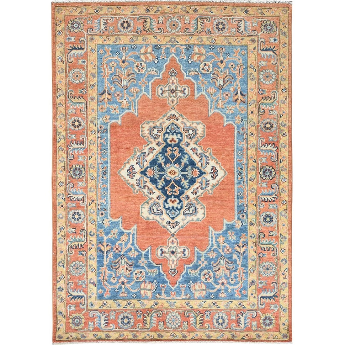 Coral Red, Serapi Heriz Design, Pure Wool Hand Knotted Oriental Rug: Title: Coral Red, Serapi Heriz Design, Pure Wool Hand Knotted Oriental RugDescription: This is a truly genuine one-of-a-kind. It has been Knotted for months and months in the centuries-old weaving