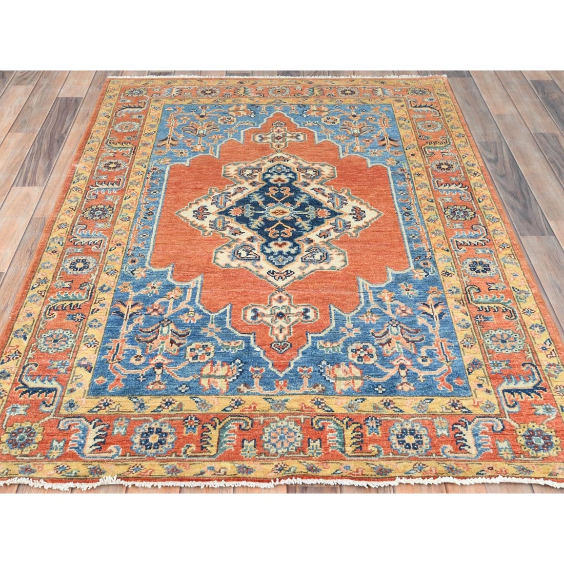 Coral Red, Serapi Heriz Design, Pure Wool Hand Knotted Oriental Rug - 2