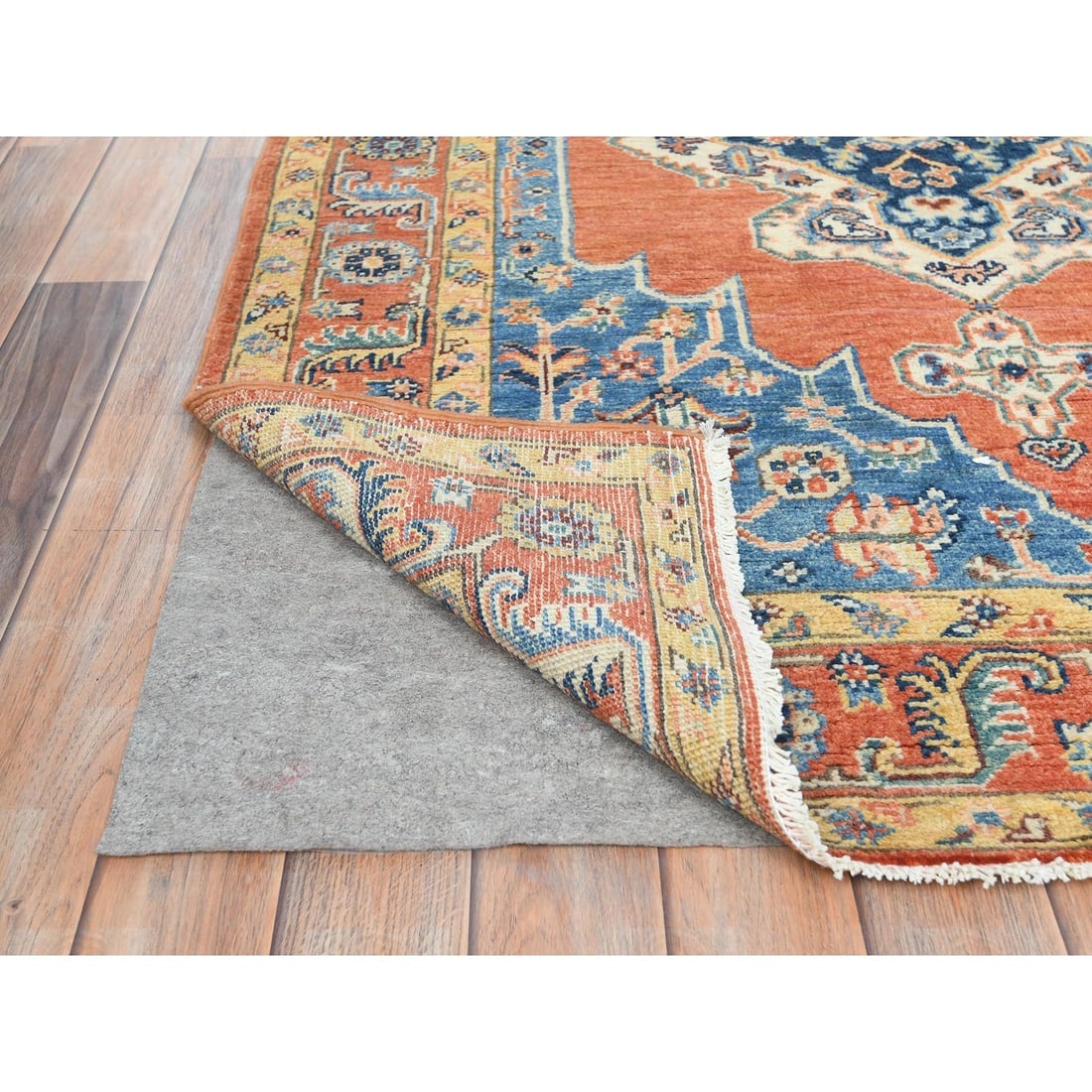 Coral Red, Serapi Heriz Design, Pure Wool Hand Knotted Oriental Rug - 3