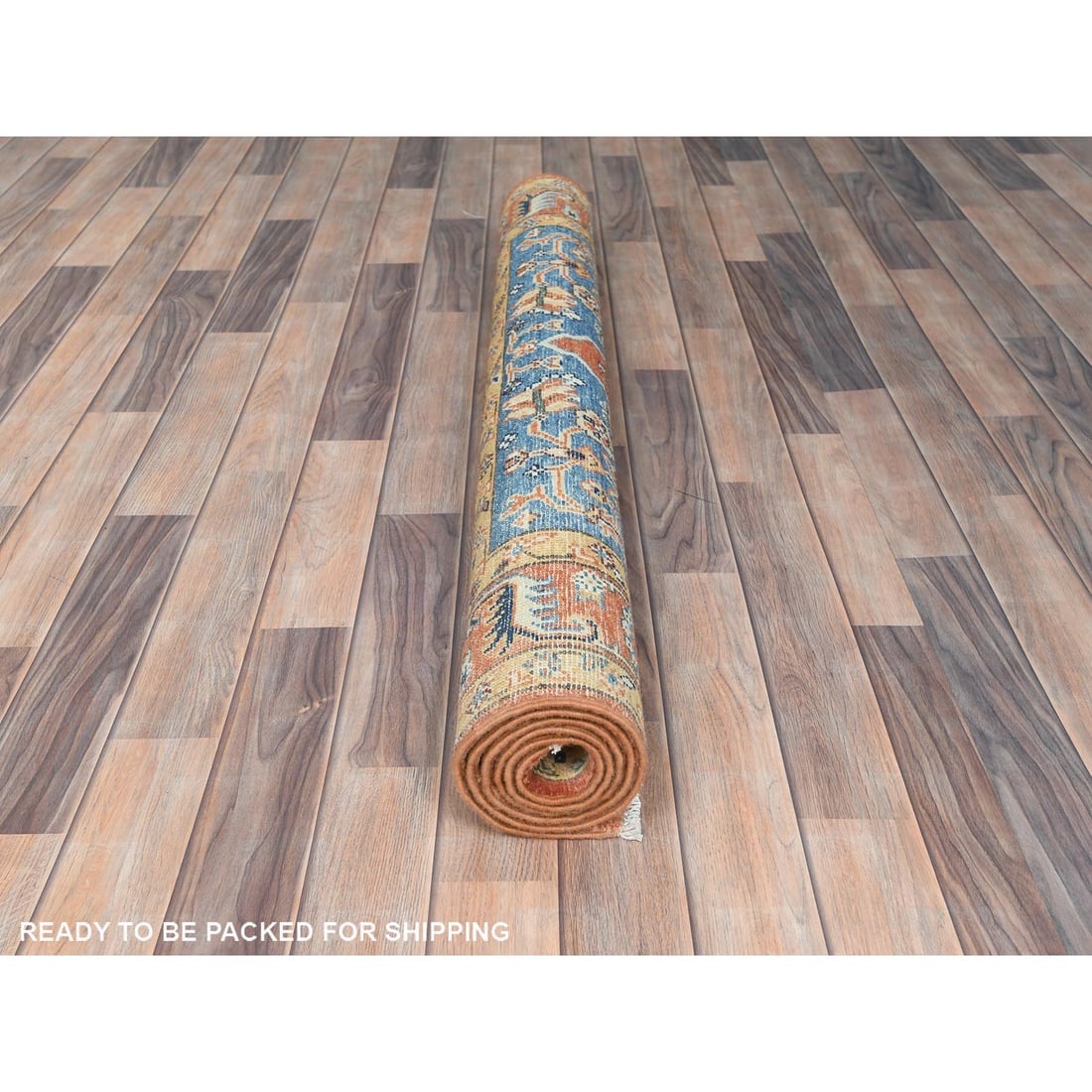 Coral Red, Serapi Heriz Design, Pure Wool Hand Knotted Oriental Rug - 5