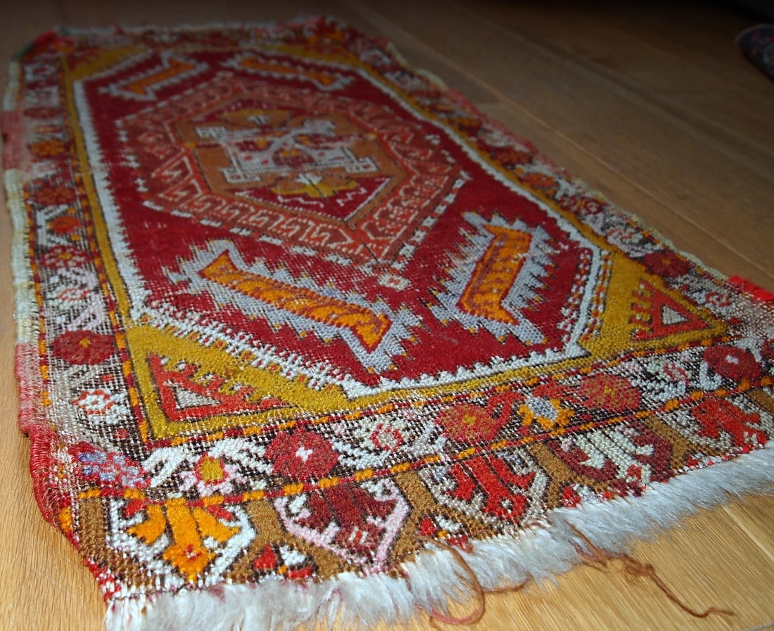 Handmade antique collectible Turkish Yastik rug 1.4' x 2.8' ( 44cm x 86cm ) 1920s - 5