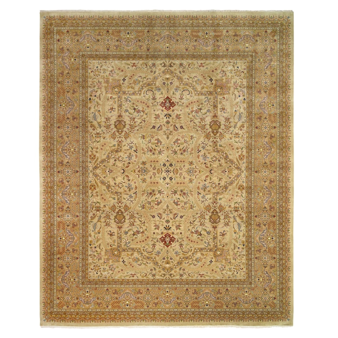 Oversized Beige Wool and Silk Hand Knotted Tabriz Revival 300 KPSI Rug: Title: Oversized Beige Wool and Silk Hand Knotted Tabriz Revival 300 KPSI Rug Description: This is a truly genuine one-of-a-kind. It has been Knotted for months and months in the centuries-old weaving