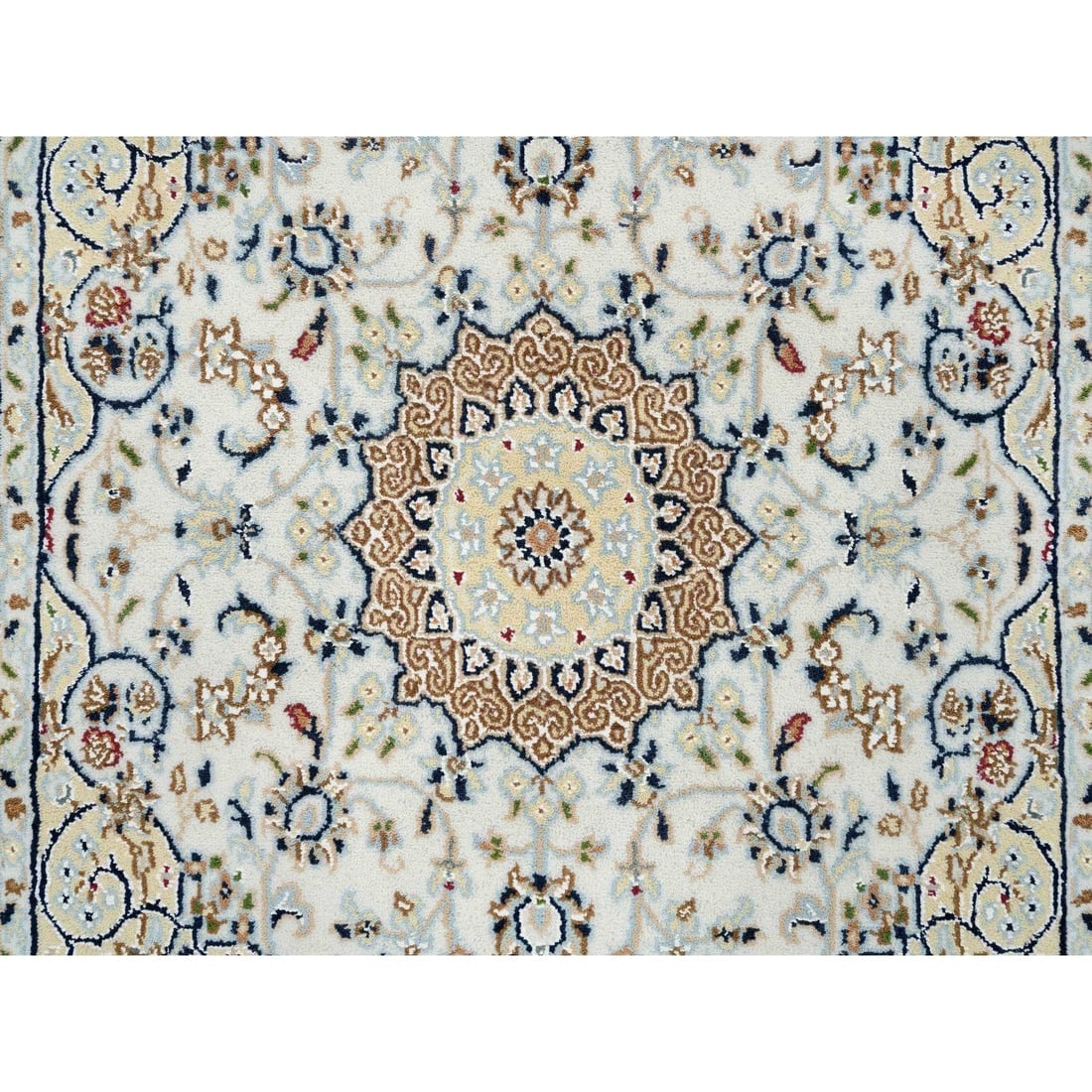 Ivory 250 KPSI Nain Medallion Flower Design Pure Wool Hand Knotted Rug - 5