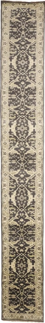 Charcoal Brown Floral 3X20 Oushak Oriental Runner Rug: Title:Charcoal Brown Floral 3X20 Oushak Oriental Runner RugDescription:Hand Knotted 3X20 charcoal Oriental runner made with vegetable dyes (fine wool pile and cotton foundation), superior knot count,
