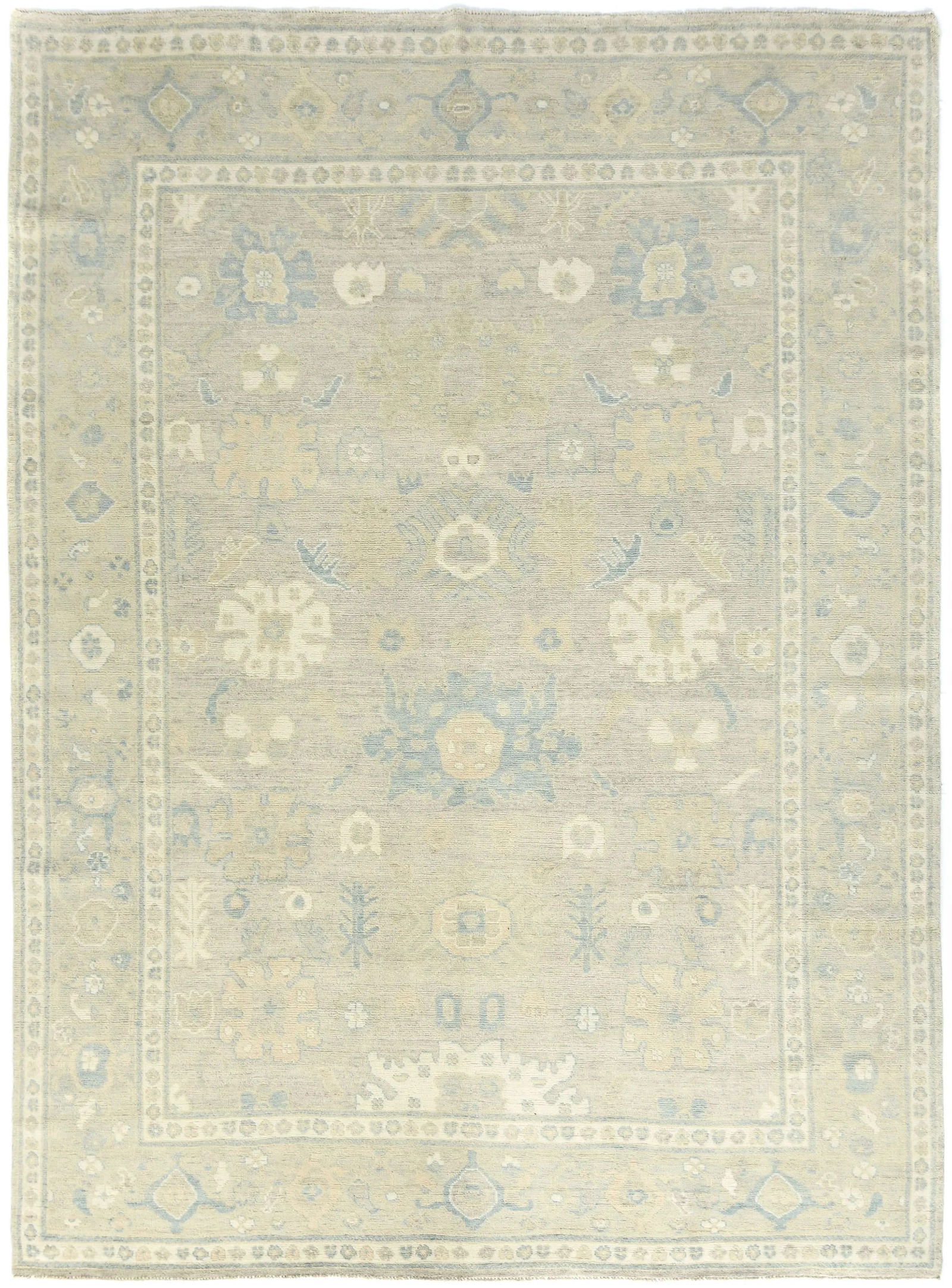 Muted Pastel Brown Floral Distressed 9X12 Oushak Chobi Oriental Rug: Title:Muted Pastel Brown Floral Distressed 9X12 Oushak Chobi Oriental Rug Description:Hand Knotted 9X12 Pastel Brown oriental rug made with vegetable dyes (fine wool pile and cotton foundation), super