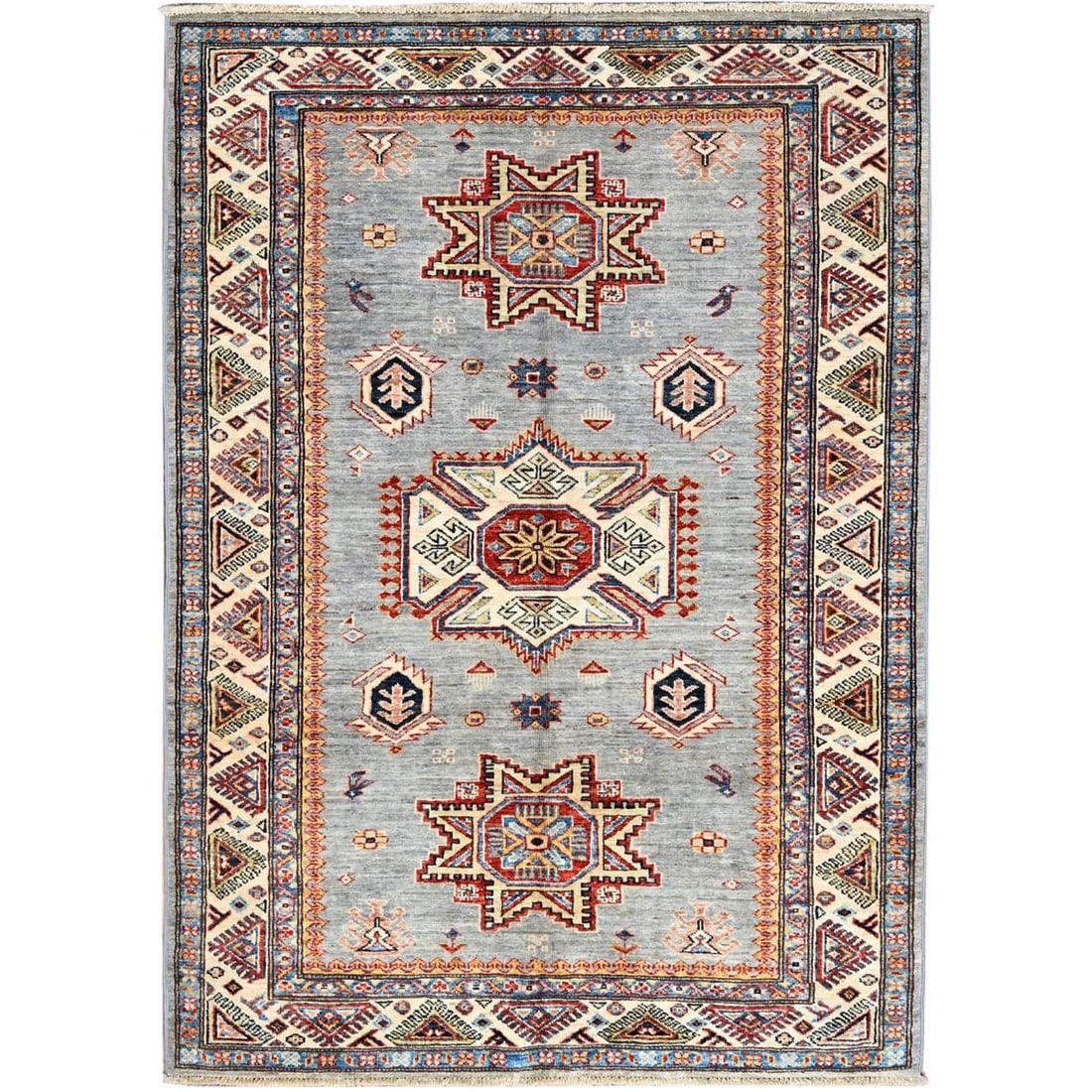 High-rise Gray Hand Knotted Super Kazak Soft Wool Oriental Rug: Title: High-rise Gray Hand Knotted Super Kazak Soft Wool Oriental RugDescription: This is a truly genuine one-of-a-kind. It has been Knotted for months and months in the centuries-old weaving
