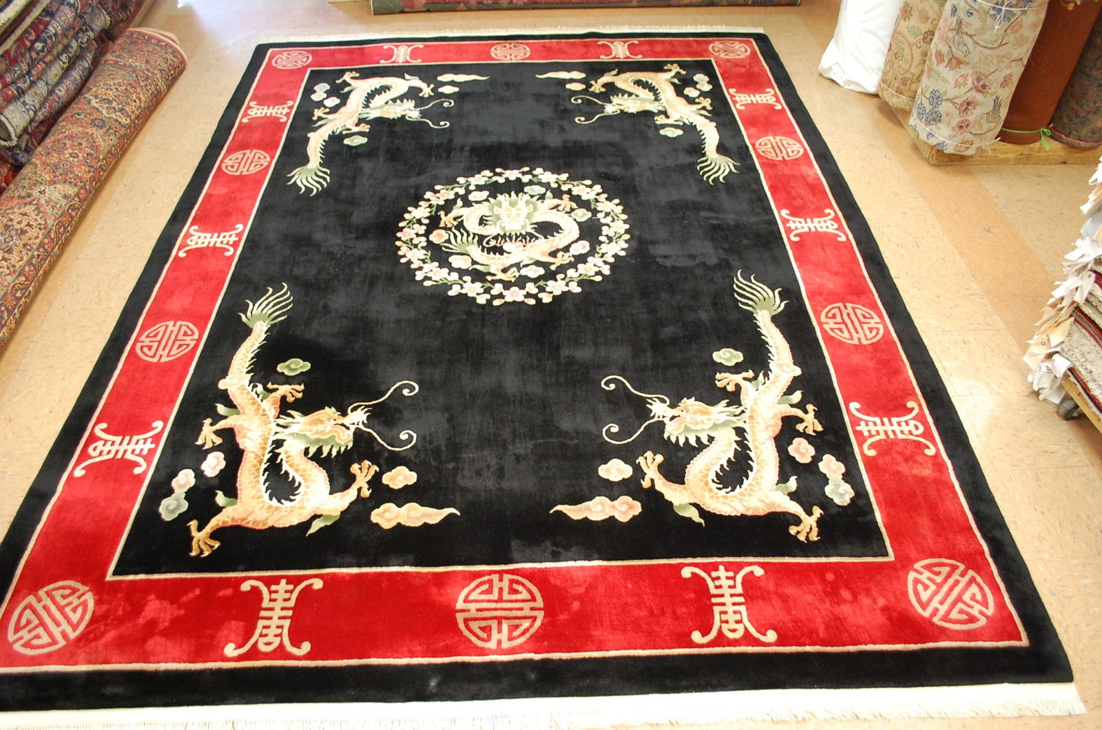 CHINESE NICHOLS RUG 9'x12'2": Title:CHINESE NICHOLS RUG 9'x12'2" Description:ANTIQUE ESTATE TREASURE ART DECO WALTER NICHOLS CHINESE RUG Circa 1940's with exact size of 9' x 12'2" ....Gorgeous Chinese DROGEN DESIGN over BLACK back