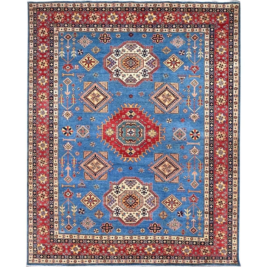 Cobalt Glaze Blue Special Kazak Geometric Design Hand Knotted Wool Rug: Title: Cobalt Glaze Blue Special Kazak Geometric Design Hand Knotted Wool RugDescription: This is a truly genuine one-of-a-kind. It has been Knotted for months and months in the centuries-old weaving