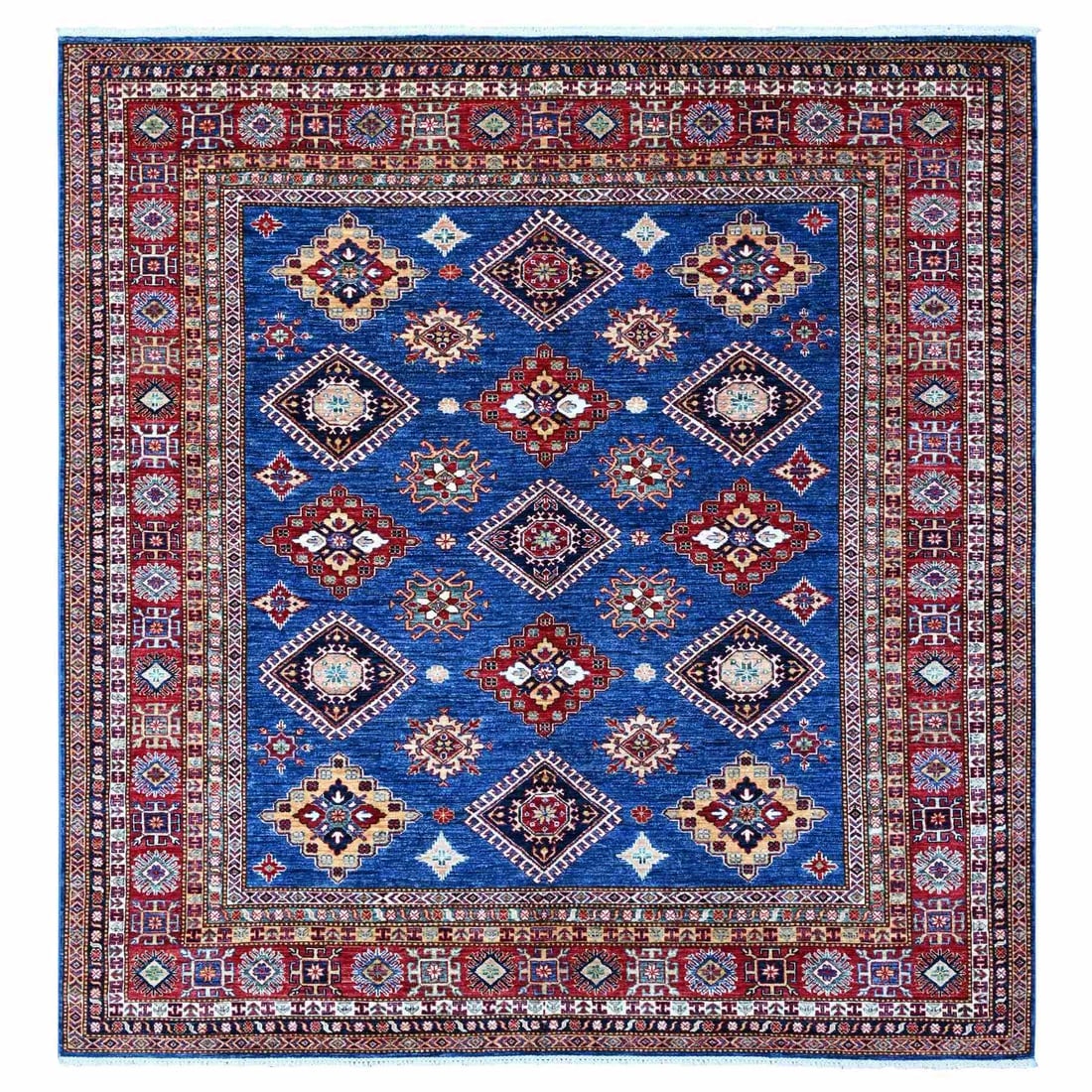 Indigo Blue Super Kazak Motifs Wool Hand Knotted Square Oriental Rug: Title: Indigo Blue Super Kazak Motifs Wool Hand Knotted Square Oriental Rug Description: This is a truly genuine one-of-a-kind. It has been Knotted for months and months in the centuries-old weaving c