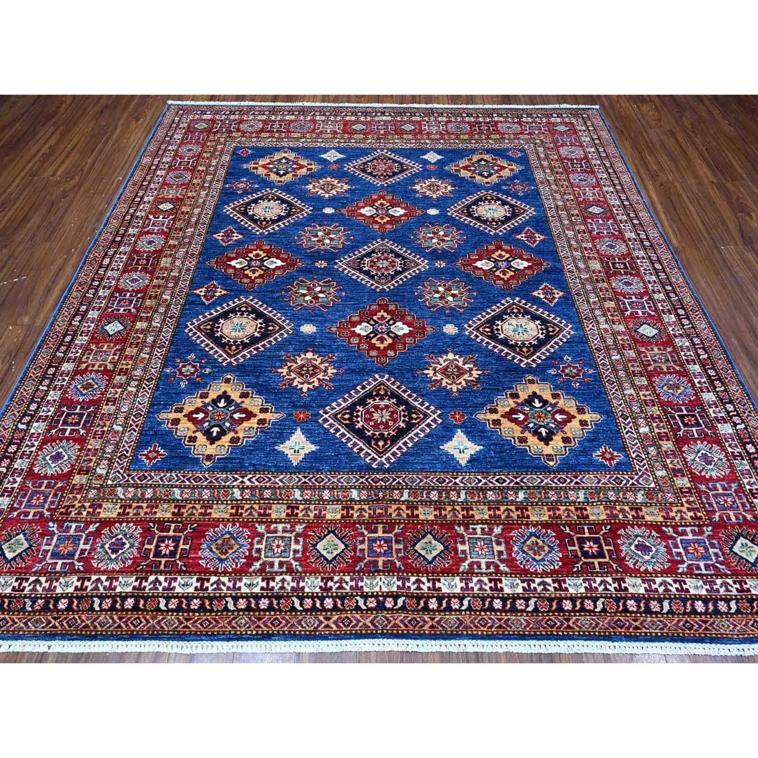 Indigo Blue Super Kazak Motifs Wool Hand Knotted Square Oriental Rug - 2
