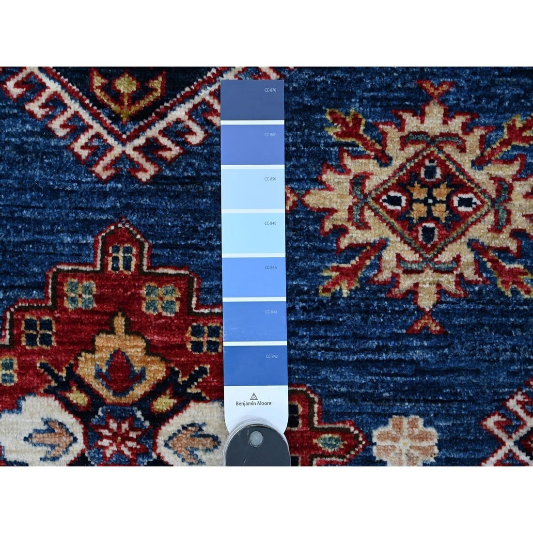 Indigo Blue Super Kazak Motifs Wool Hand Knotted Square Oriental Rug - 7