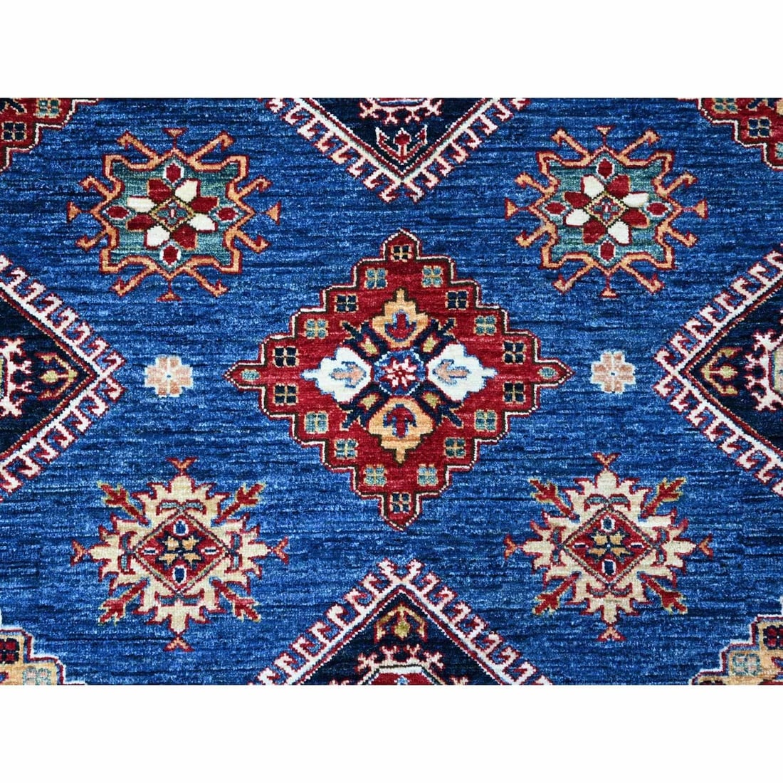 Indigo Blue Super Kazak Motifs Wool Hand Knotted Square Oriental Rug - 8