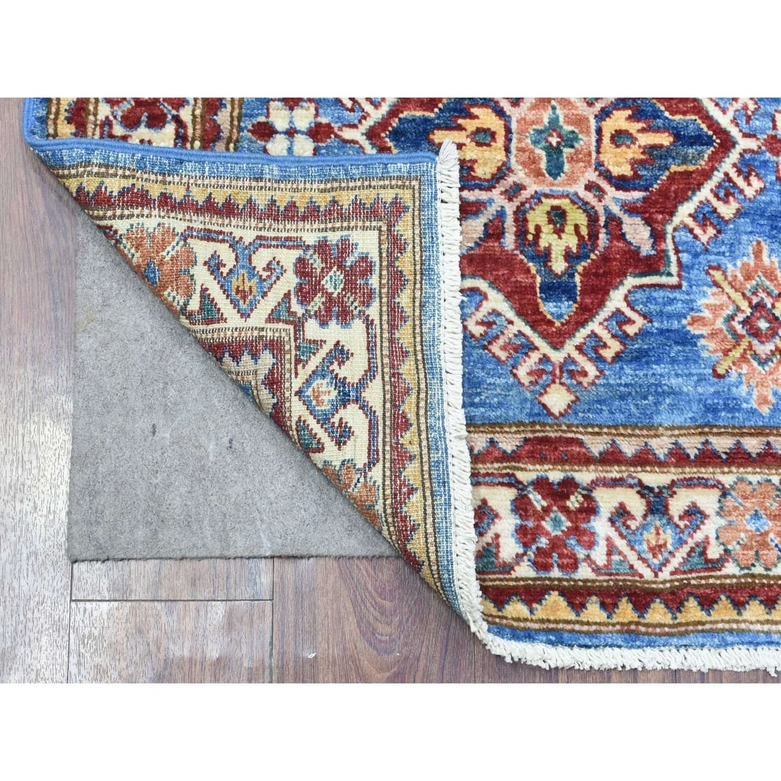 Denim Blue, Afghan Super Kazak Pure Wool Hand Knotted Runner Rug - 2