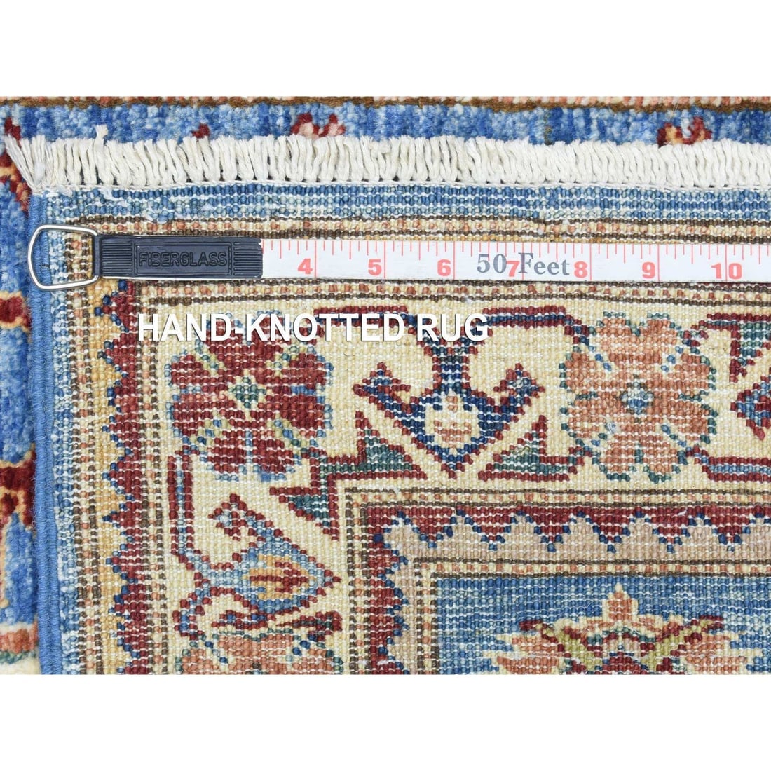 Denim Blue, Afghan Super Kazak Pure Wool Hand Knotted Runner Rug - 6