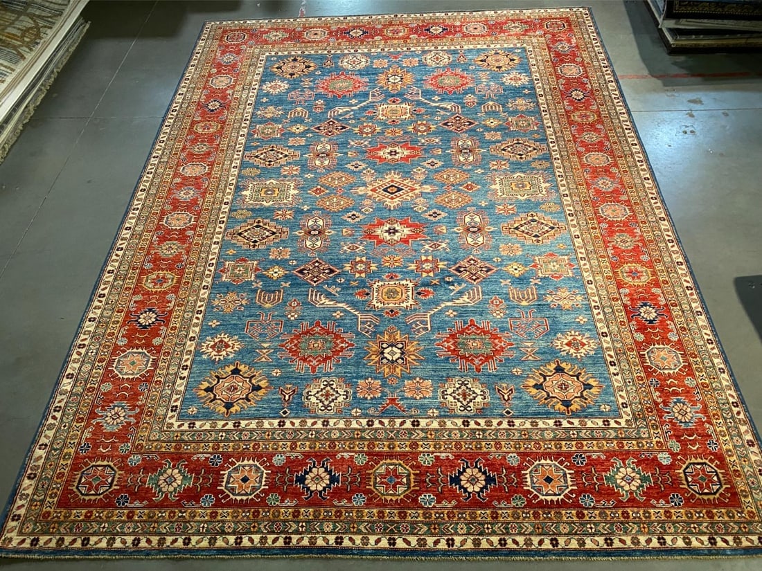 EXQUISITE FINE SUPER KAZAK RUG 9'.1"x12'.1": Title:EXQUISITE FINE SUPER KAZAK RUG 9'.1"x12'.1" Description:9'.1"x12'.1" Stunning Super quality design Kazak Rug, hand spun and hand knotted rug in Pakistan 100% Vegge Dye natural wool Pile, luxurio