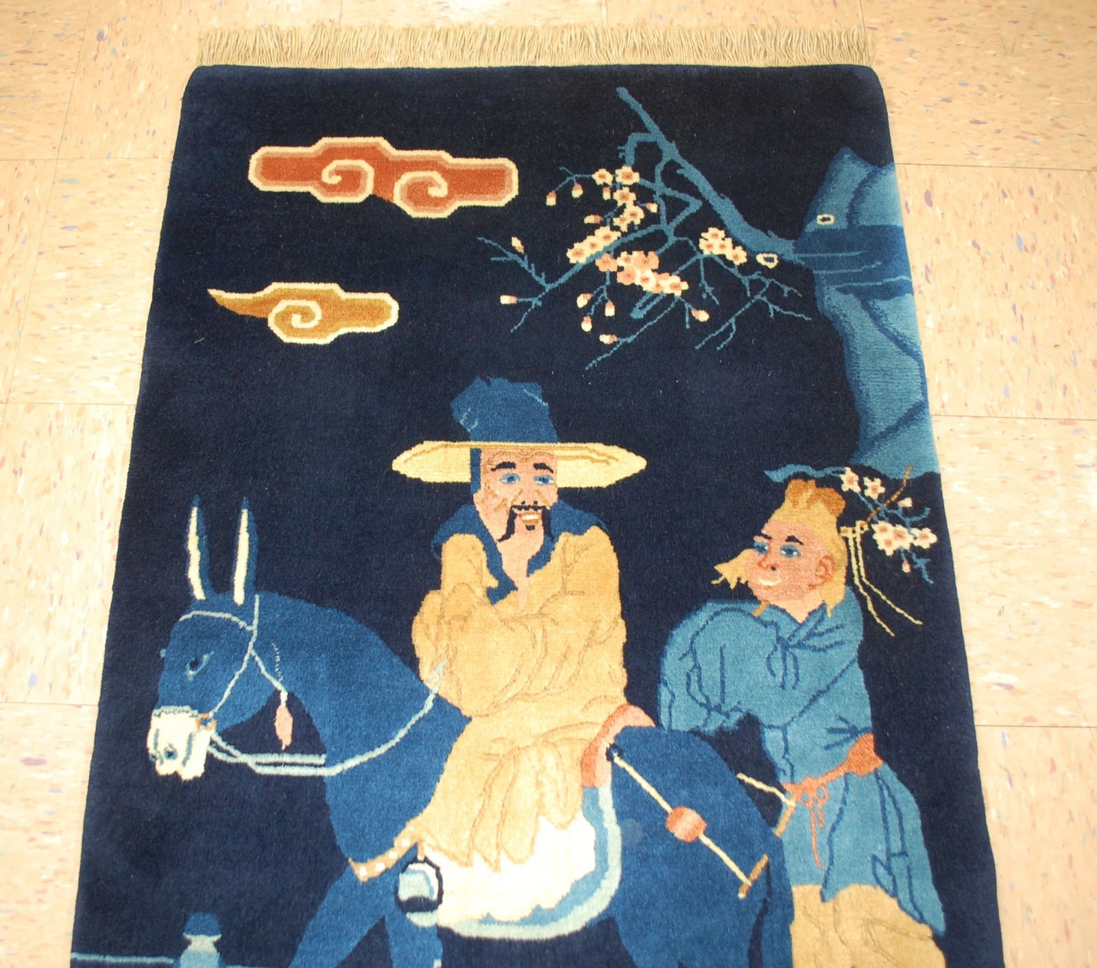 c1950s ANTIQUE PICTURAL CHINESE RUG OF MAN RIDING THE DONKY,SIZE OF 2'7" X 5'1" - 2