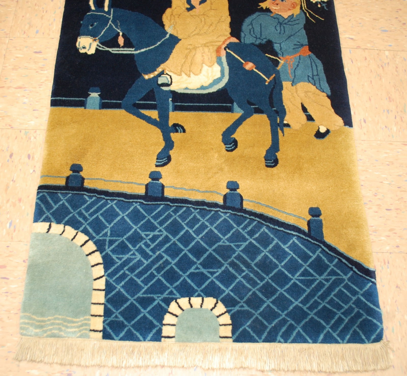 c1950s ANTIQUE PICTURAL CHINESE RUG OF MAN RIDING THE DONKY,SIZE OF 2'7" X 5'1" - 3