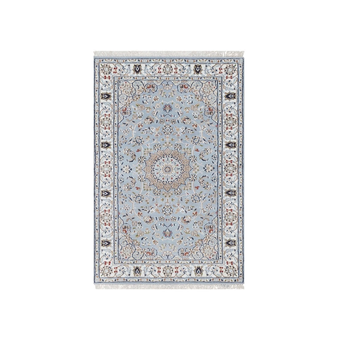 Uranian Blue, 250 KPSI, Wool and Silk, Hand Knotted, Nain Design Rug: Title: Uranian Blue, 250 KPSI, Wool and Silk, Hand Knotted, Nain Design Rug Description: This is a truly genuine one-of-a-kind. It has been Knotted for months and months in the centuries-old weaving c