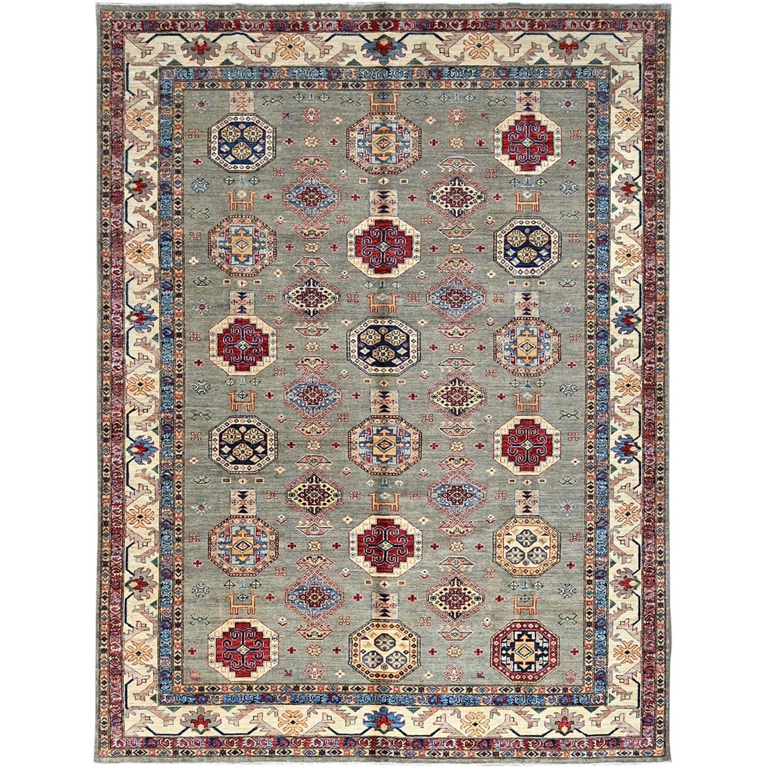Wrought Iron Gray Soft Pure Wool Hand Knotted Super Kazak Oriental Rug: Title: Wrought Iron Gray Soft Pure Wool Hand Knotted Super Kazak Oriental Rug Description: This is a truly genuine one-of-a-kind. It has been Knotted for months and months in the centuries-old weaving