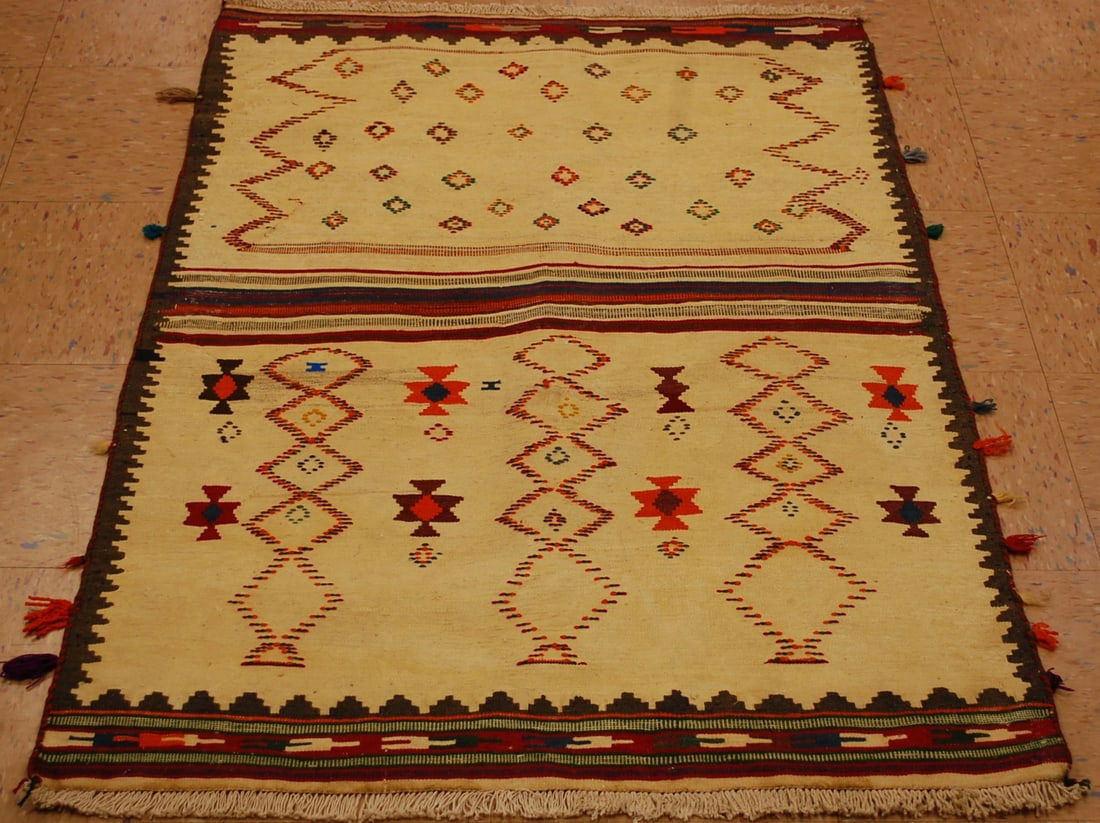 Persian SHIRAZ QASHKI KILIM 3x4.5: Title:Persian SHIRAZ QASHKI KILIM 3x4.5Description:OLD, ANTIQUE HIGHLY DETAILED DESIGN SHIRAZ QASHKAI NOMADIC SOFREH (used by qashkai nomads to eat on) KILIM ALSO CALLED FLAT WOVEN RUG with size of