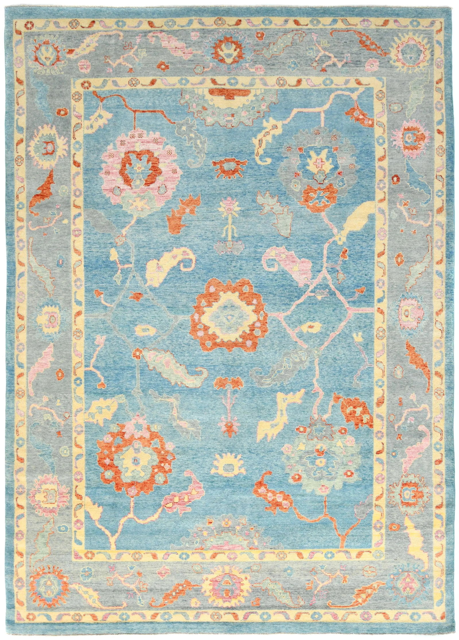 Muted Blue Floral Transitional 10X14 Oushak Oriental Rug: Title:Muted Blue Floral Transitional 10X14 Oushak Oriental RugDescription:Handmade 10X14 blue Oushak oriental rug made with vegetable dyes (fine wool pile and cotton foundation), superior knot count,
